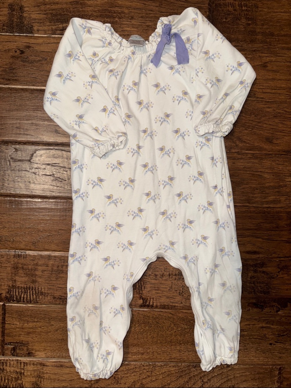 Feather Baby White Baby Footless romper with Lavender Bow and Bird Print